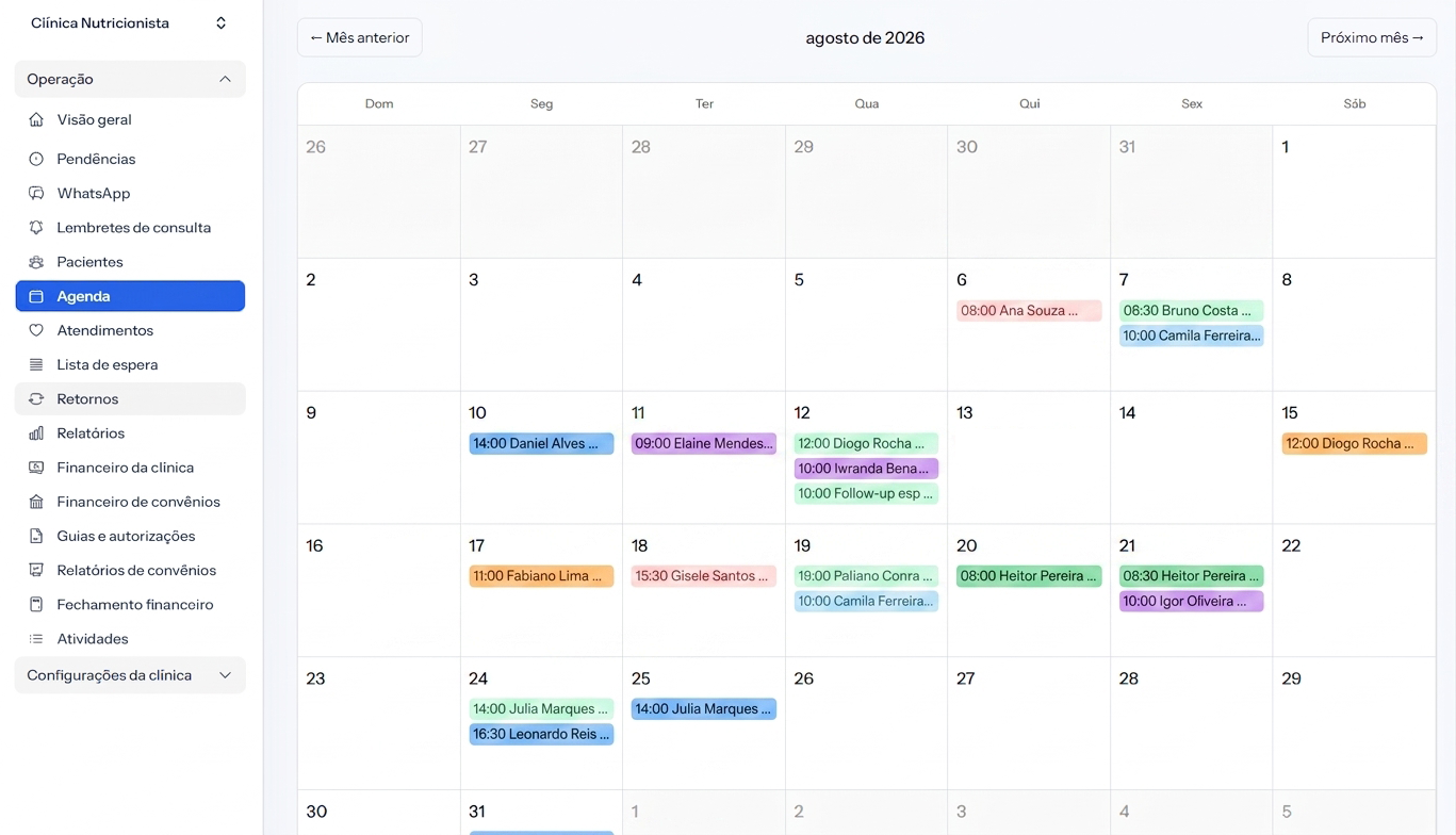 Agenda do sistema com consultas e calendário
